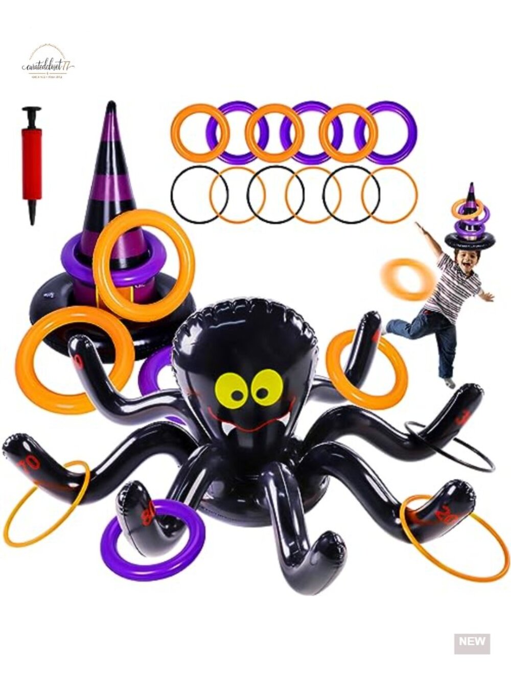 Inflatable Halloween Ring Toss Game Set with Spiders Witch Hat